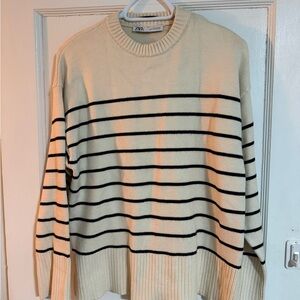 Zara Men's Striped Crewneck Sweater - Cream and Black